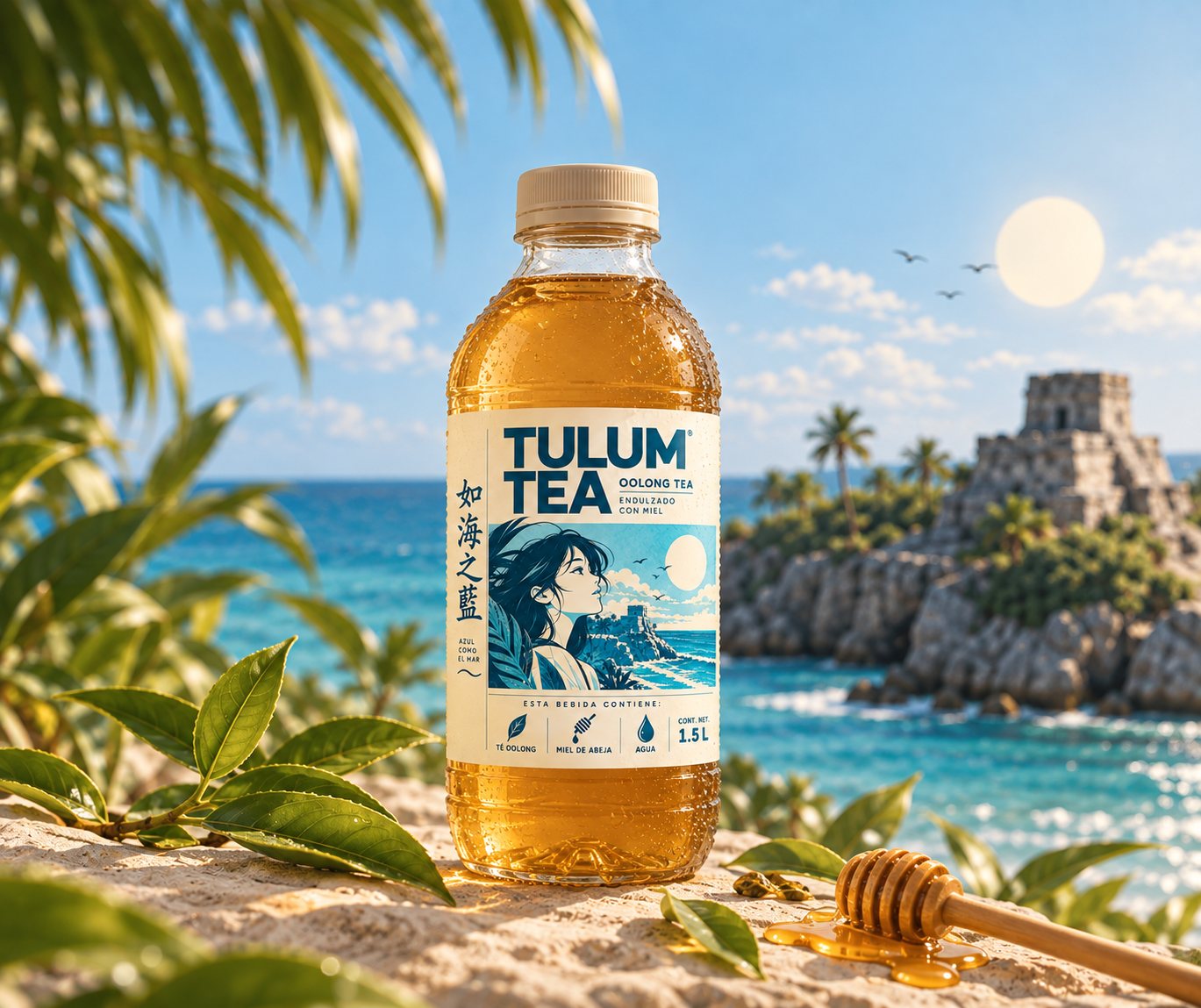 Botella de Tulum Tea de 1.5 L sobre la arena frente al mar de Tulum