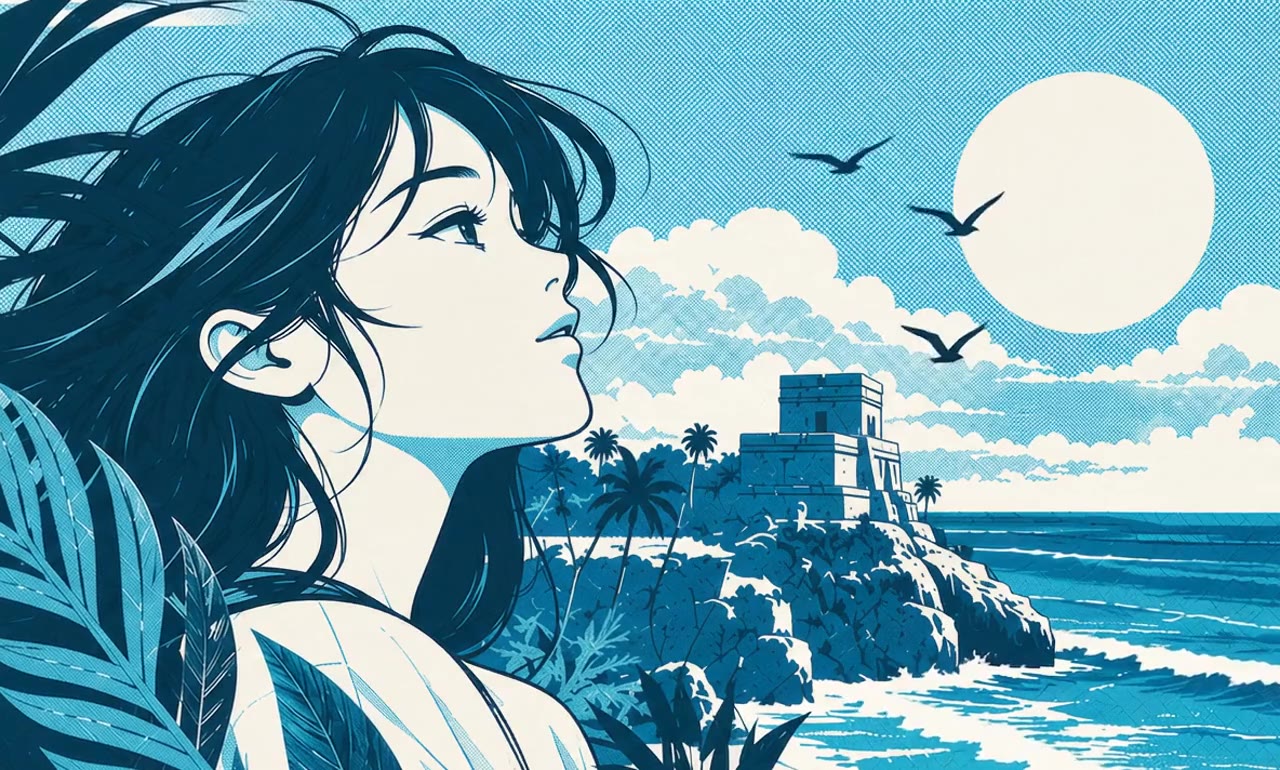 Ilustración animada: una mujer mira el mar de Tulum y el Castillo
